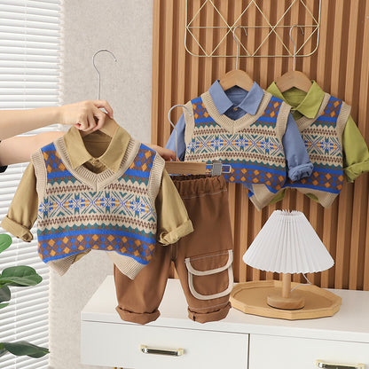 A baby autumn new vest full of printed cotton shirt casual trousers three-piece set children's clothing manufacturers wholesale