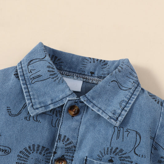 Small, medium and boys, summer lapel, single-breasted, cartoon, little lion print, denim, one-piece crawler, tide 0.2kg