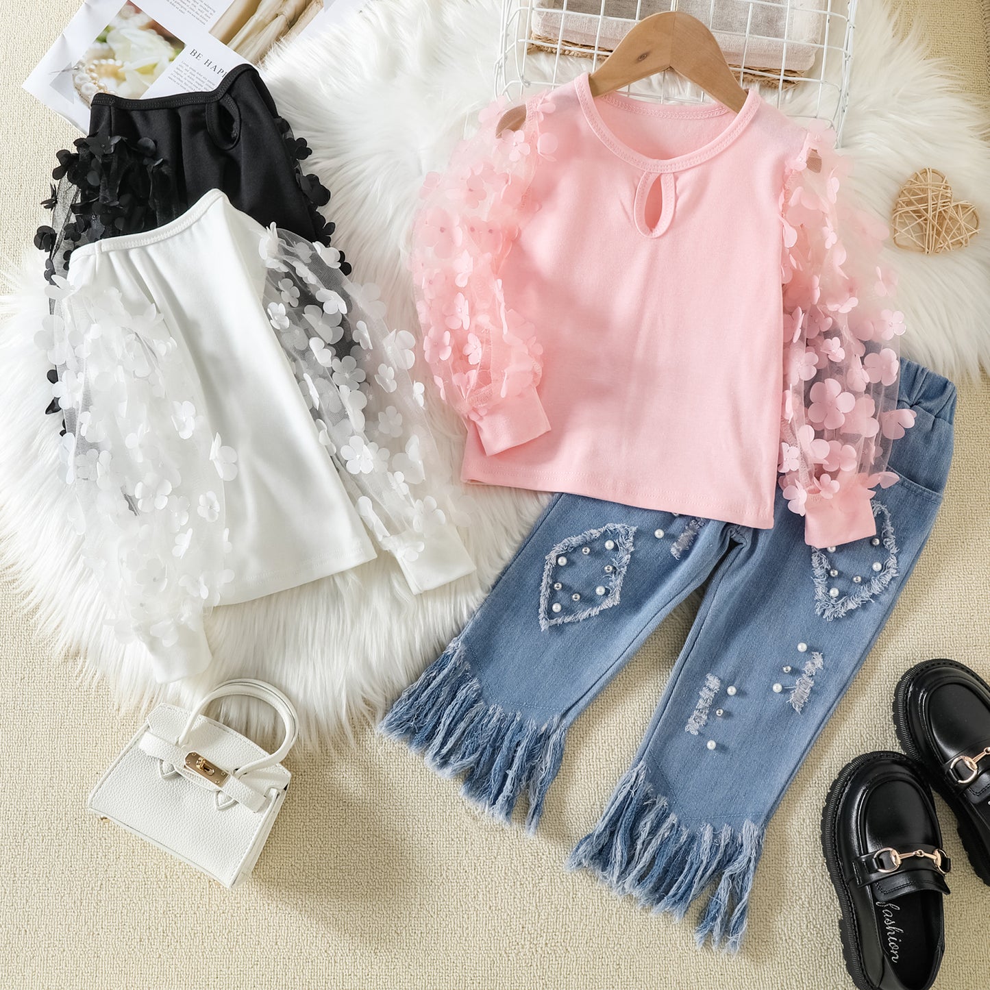 New Children's Wear Girls' Mesh Spliced Clear Color Top with Beaded Tassels and Ragged Edge Jeans Cross border Children's Set 0.3kg