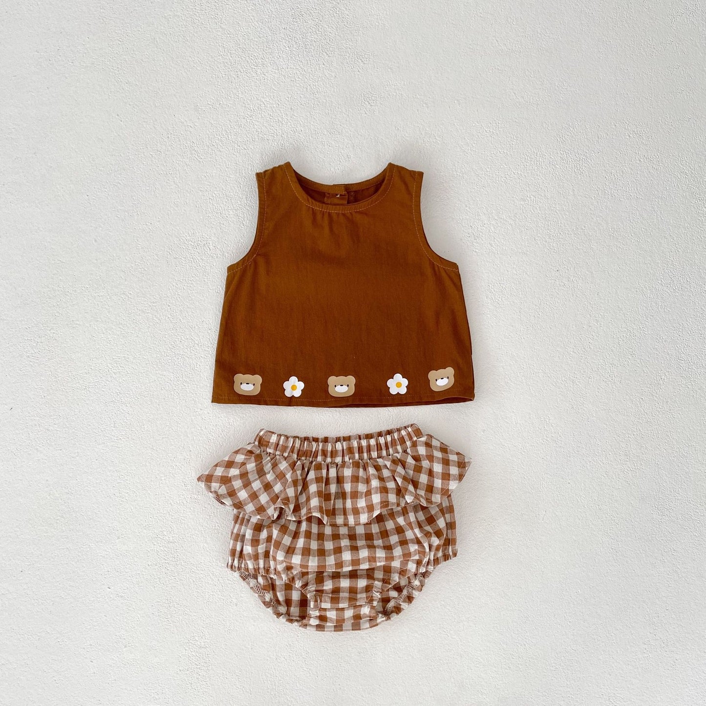 A 2024 summer infant baby bear printed vest top+lotus leaf triangle shorts 2-piece suit