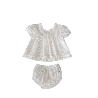 A 2024 summer new baby girl baby cute lace embroidered solid color coat+triangle pants suit