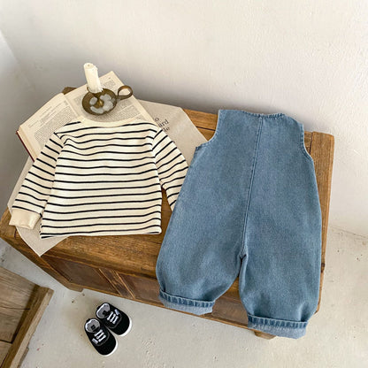 A Spring infants and toddlers 0-3 years old female treasure striped top + denim vest long climbing 2-piece set can be sorted