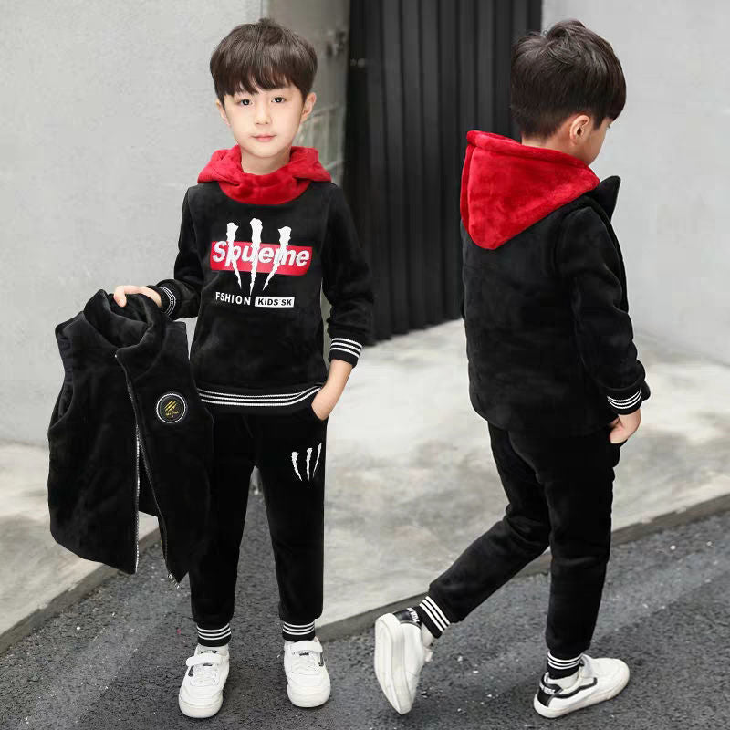 A three-piece boys fleece thicker suit medium and large children's autumn and winter clothes handsome Internet celebrity sports tide children's clothing boys