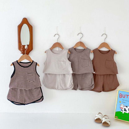 A Children's summer Korean sleeveless vest solid color suit for boys and girls thin cool outing two-piece set of baby clothes