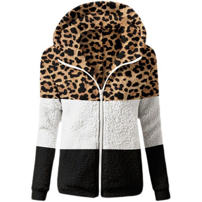 Chaqueta con capucha gruesa de invierno para mujer, de felpa, de manga larga y bloques de colores con estampado de leopardo 