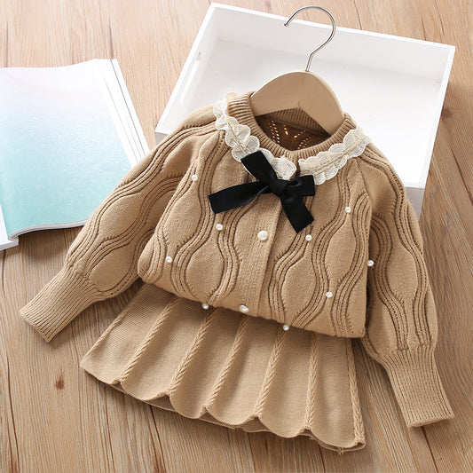 A girls sweater set autumn and winter new Korean version fashionable solid color bead bow knitted cardigan short skirt two