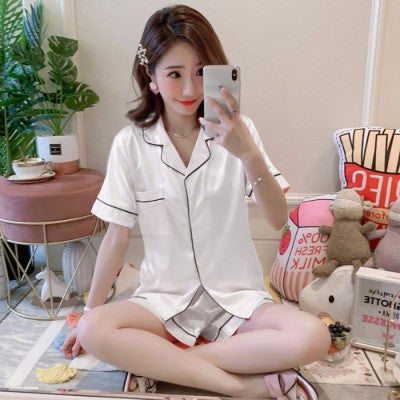 A Trade hot pajamas2024 pajamas women's summer double short imitation silk chest opening 2-piece silk solid color set