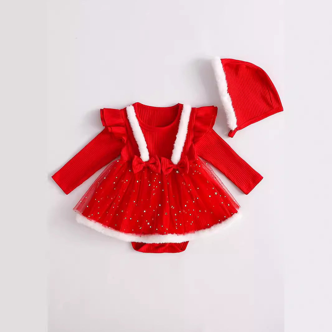 A Autumn new Christmas festive red bow long-sleeved one-piece triangular Romper skirt + Christmas hat