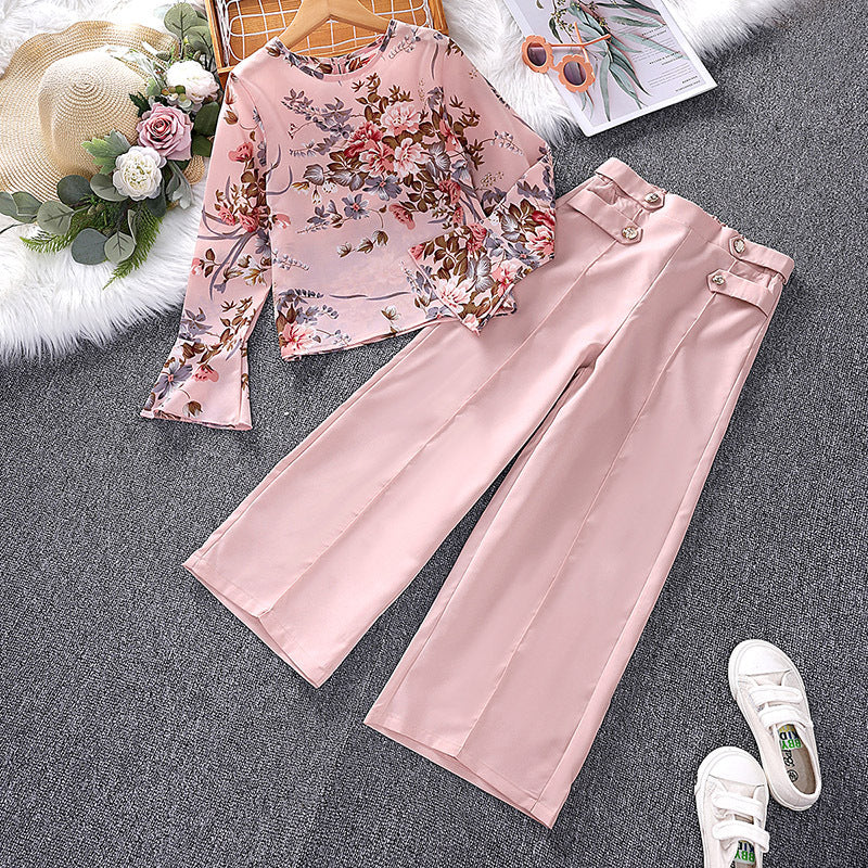 popular girls' suit,  spring new children's clothing printing, long-sleeved top, trousers, foreign trade children's clothing, 0.18kg