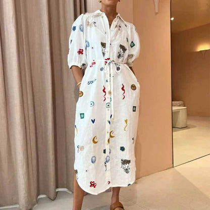 A 2024 Summer Women's Clothing Express European and American New Products Printed Lapel Long Waist Lace Up Shirt Dress Women