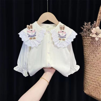 Girls&#039; suits in spring and autumn children&#039;s denim wide-leg pants+cartoon rabbit doll shirt two-piece set of 0.3kg