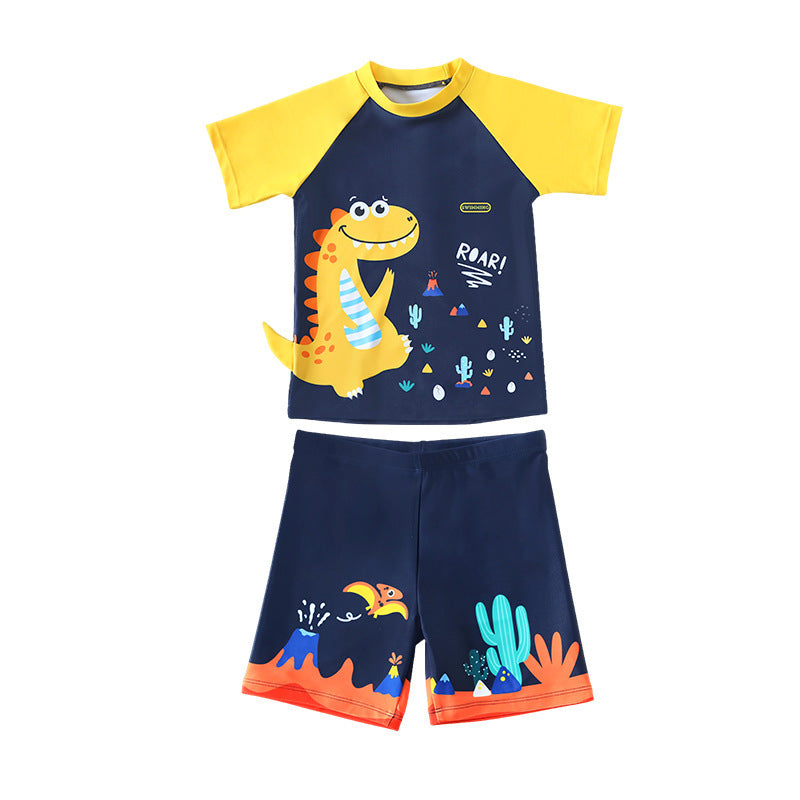 Traje de baño de cuerpo dividido para niño con estampado de dibujos animados de dinosaurio pequeño, mono deportivo de protección solar de secado rápido para niños pequeños, medianos y grandes, 0,18 kg 