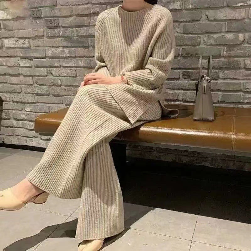 A cross-border new lazy style elegant solid color casual temperament split knitted sweater wide-leg pants two-piece set women