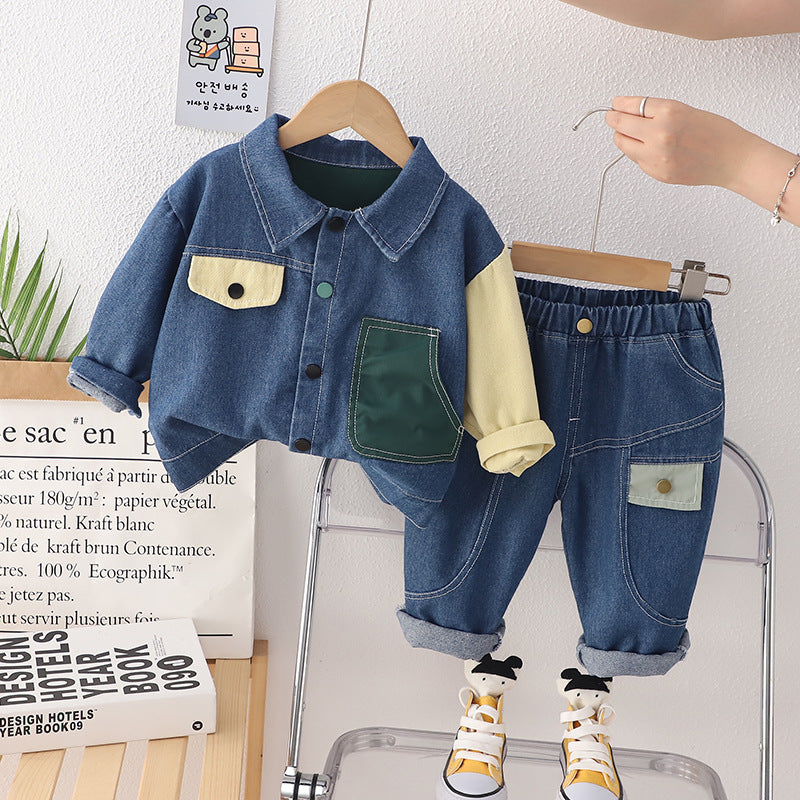 Autumn New 0-5 Year Old Boys Set Wholesale Small and Medium sized Children's Denim Jackets, Casual Pants, Children's Wear Two Piece Set 0.3kg