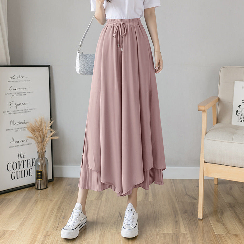 A real shot chiffon wide-leg pants women's 2024 summer high-waisted culottes loose and drape nine-point pleated wide-footed pants skirt