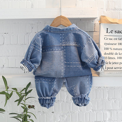 Korean version of spring fashion baby spring jacquard denim cardigan long-sleeved suit tide boy new long-sleeved three-piece set 0.3KG