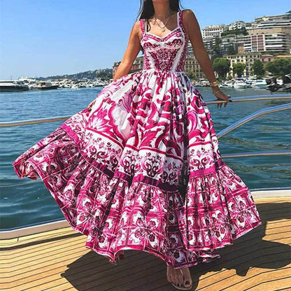 A 2024 summer new European and American women's clothing bohemian elegant light luxury medium and long printed suspender dress