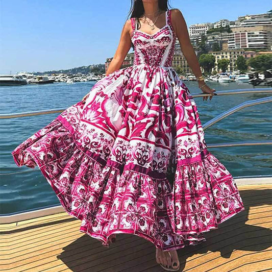 Un nuevo vestido de tirantes estampado de lujo ligero, elegante, bohemio, de estilo europeo y americano para mujer de verano de 2024 