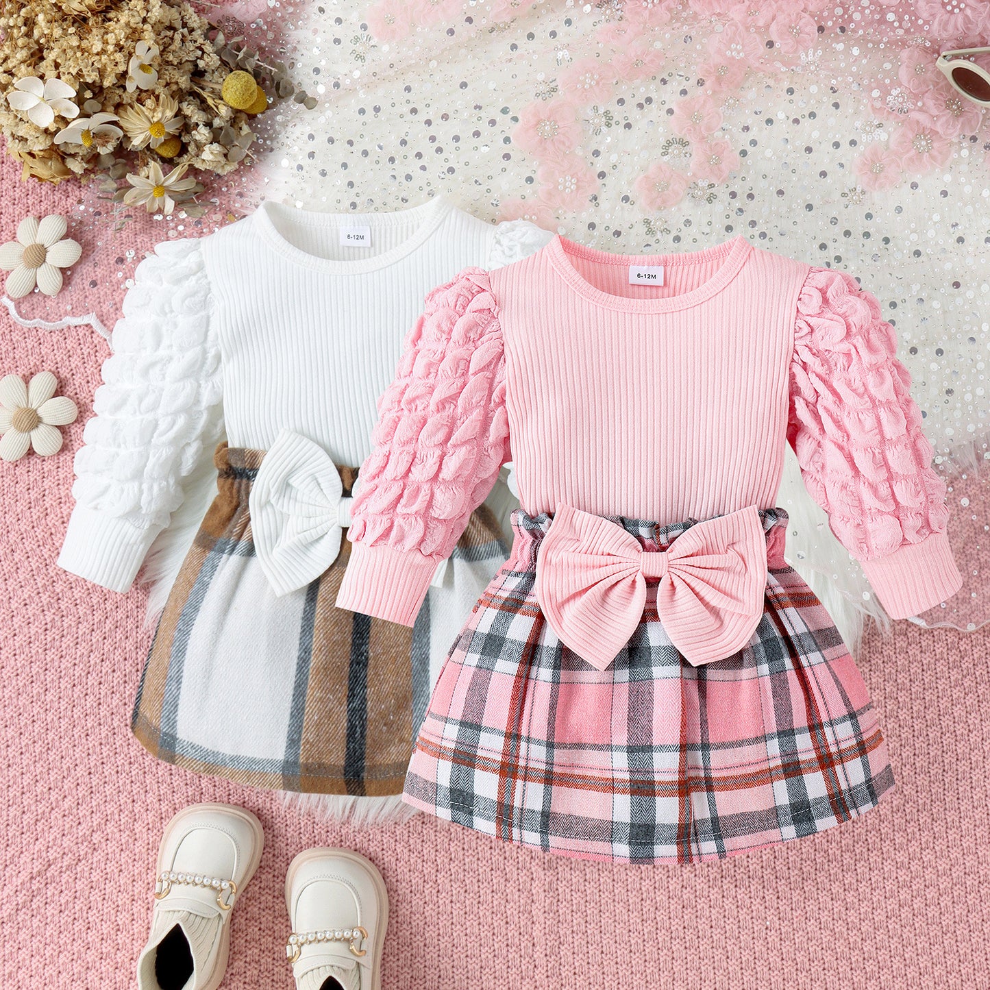 Ropa infantil Treasure Salary Transfronteriza Europa y América Otoño e invierno Nuevo bebé y niño Blusa de manga abullonada Falda corta con lazo a cuadros Conjunto de dos piezas 0,22 kg 