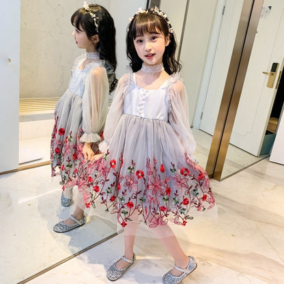 Girls&#039; dresses spring and autumn children&#039;s lace online celebrity exotic little girl baby long sleeve chiffon skirt summer.0.51kg