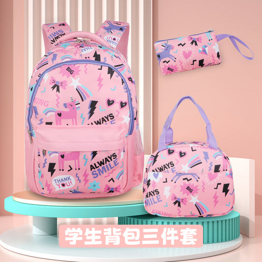 Cross border hot selling elementary school backpack cartoon backpack three piece set lunch box bag pen bag large capacity backpack in stock