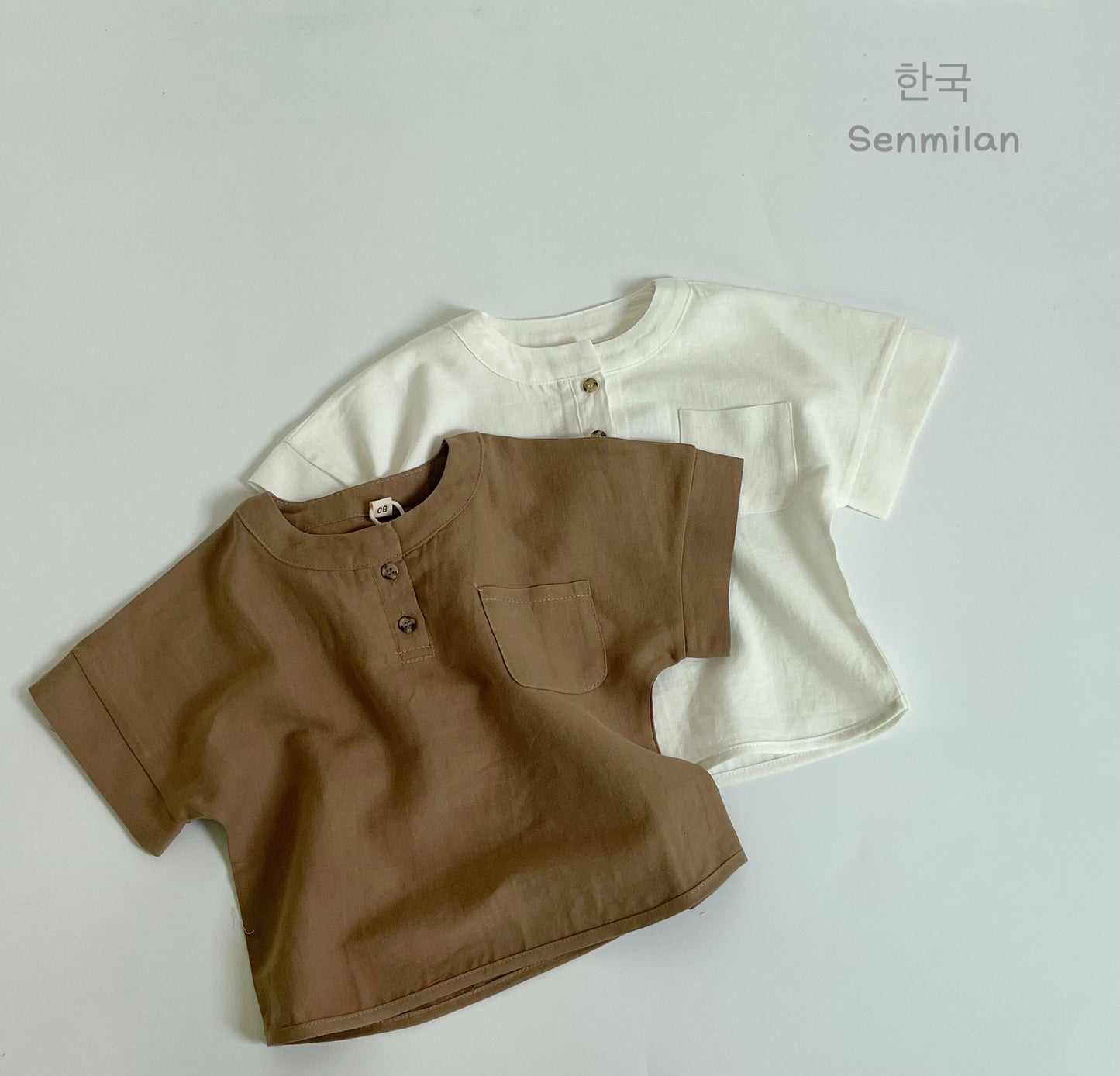 Children's Korean Shirt Summer New Round Neck Cotton Linen Shirt Men's and Women's Foreign Atmosphere Bat Sleeve Open Sleeve Short Sleeve Top 0.3kg