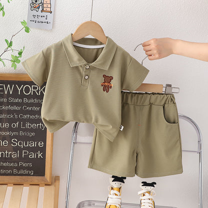 Children&#039;s summer thin cotton embroidered bear short sleeve suit 2023 new boy handsome lapel short sleeve 0.3kg