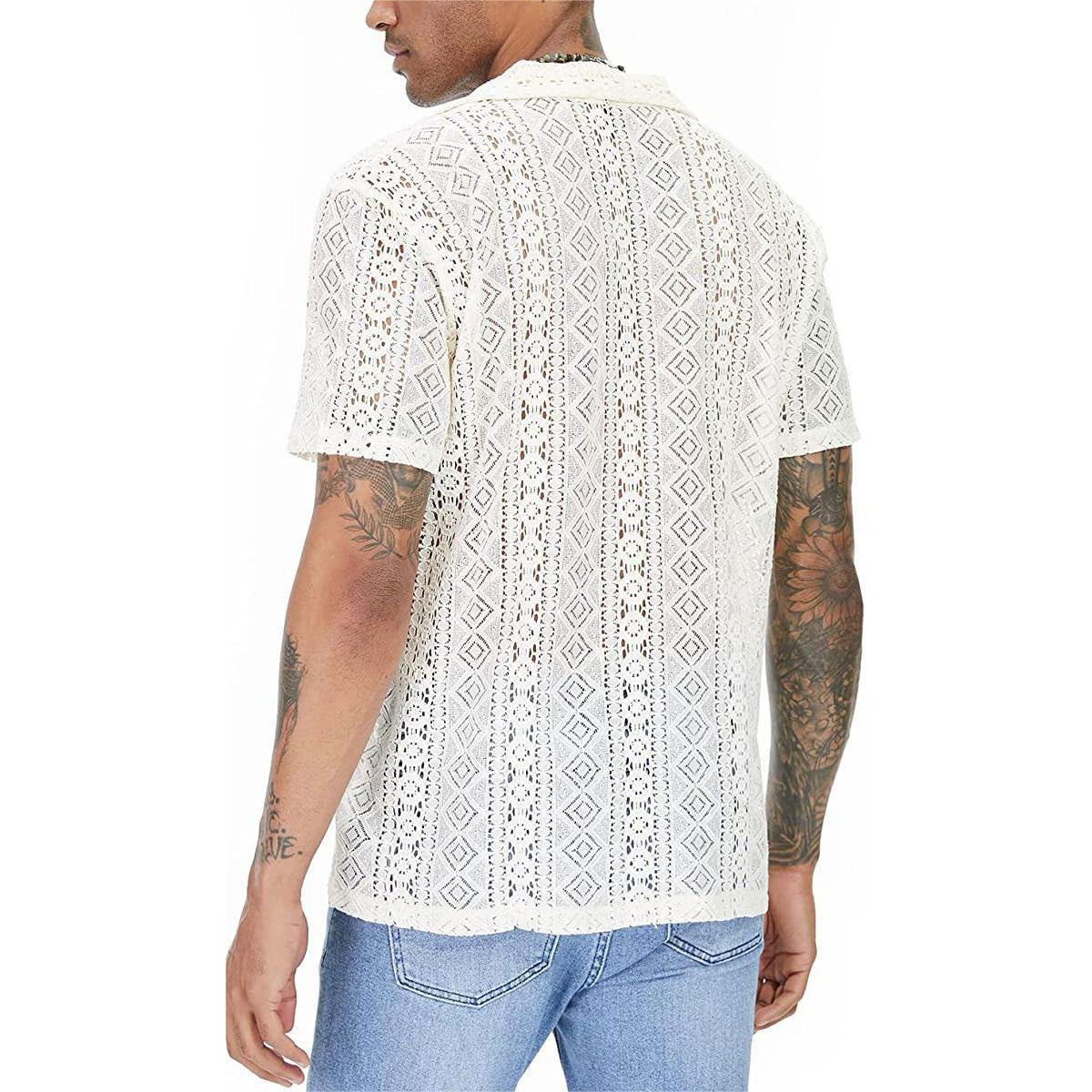 A spot European and American fashion new men&#039;s lace short sleeve shirt flower transparent button holiday hollow perspective lining