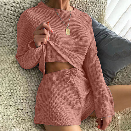 A Cross-border loungewear simple casual wagoff suit solid color summer pullover pajamas women can wear two sets in all seasons