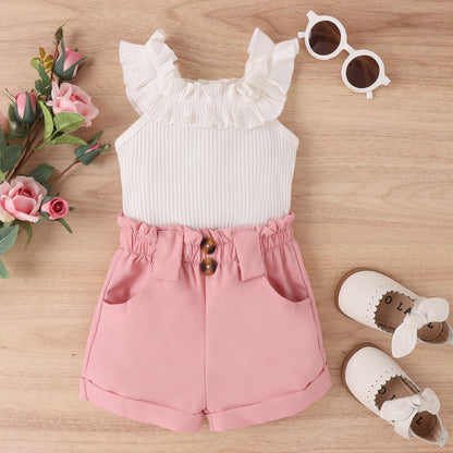 A Tengxin Children's Clothing Amazon Spring/Summer Small and Medium Children's Wooden Ear Tank Top Sleeveless Top Solid Color Shorts Girls' Set