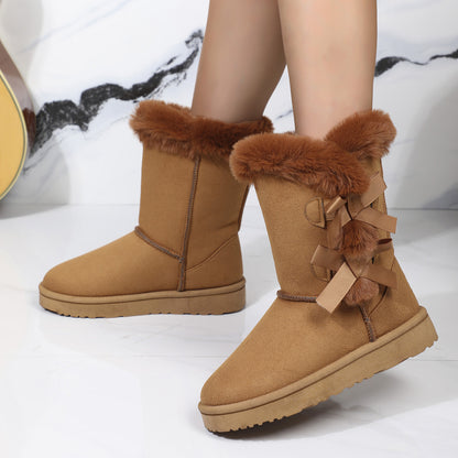 Unas nuevas botas de nieve de mujer de otoño e invierno de tubo mediano, botas medianas y altas, botas de nieve de terciopelo de moda con lazo, comercio exterior transfronterizo 