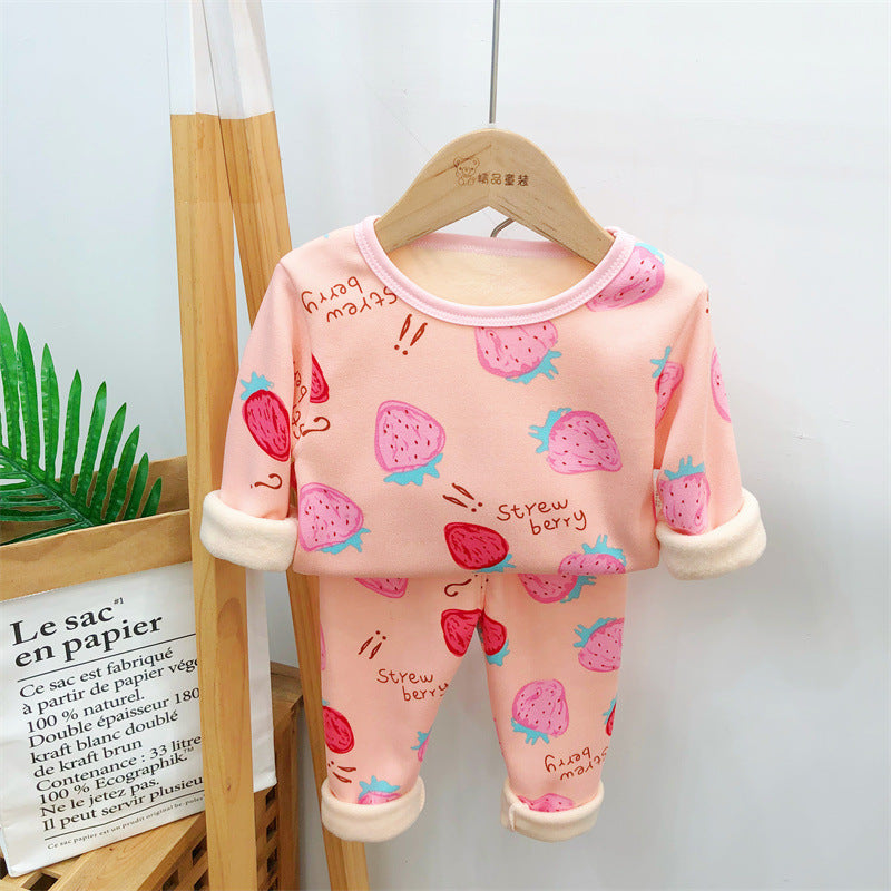 A handsome baby autumn clothes new velvet cartoon warm clothes two-piece set autumn and winter boys and girls suits wholesale