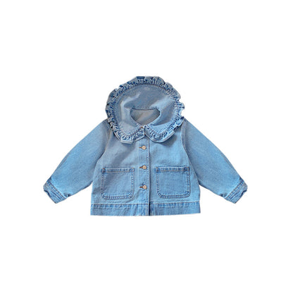 Girls' denim jacket spring outfit new children's long sleeved lace lapel short casual top 0.2kg