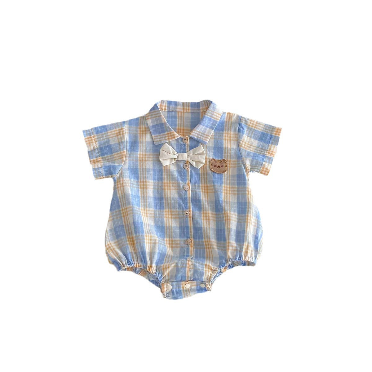 A 2024 Baby Boys Sweetheart Summer Baby Clothing Cute Little Bear Checkered Short Sleeves One Piece Pack Fart Sweetheart Siblings