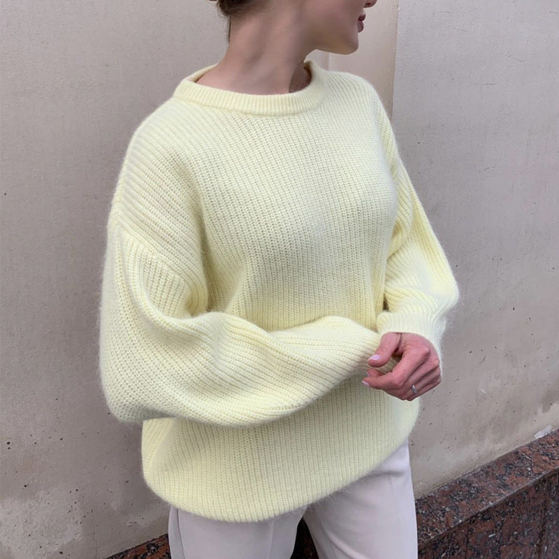 A autumn and winter European and American ins style imitation mink sweater women's lazy style temperament loose super soft knitted top women's versatile