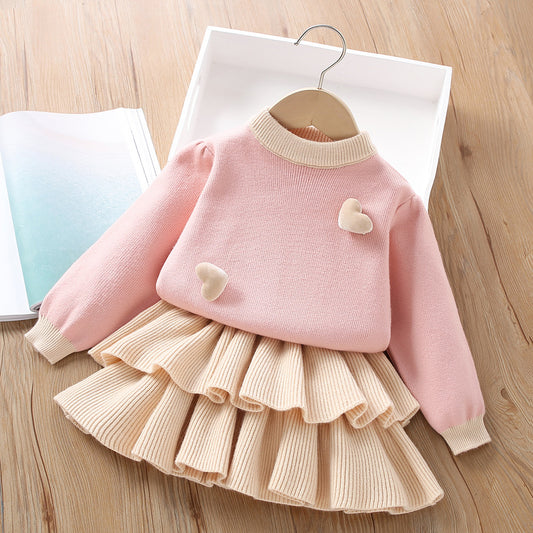 A girls sweater set autumn and winter new Korean version of foreign style solid color love knitted long-sleeved cake skirt two-piece set