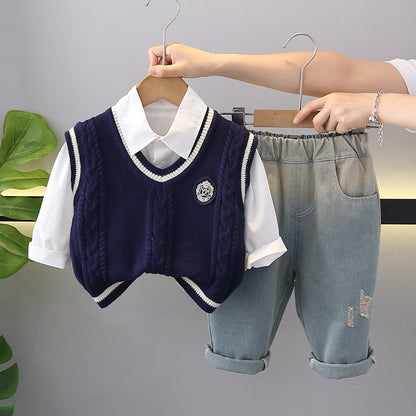 A new boys college style vest casual bottom shirt fashion printed trousers three-piece set source manufacturer wholesale