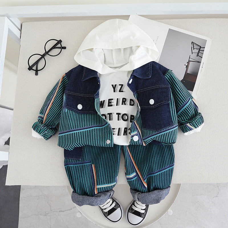 A Children's Autumn Denim Three-piece Set Manufacturer Wholesale Boys' Handsome Trendy Clothing Long Sleeve Denim Jacket Hooded Bottom