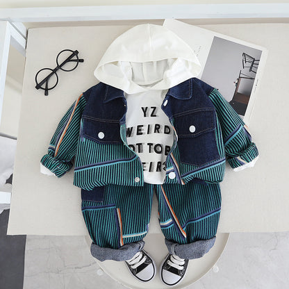 A Children's Autumn Denim Three-piece Set Manufacturer Wholesale Boys' Handsome Trendy Clothing Long Sleeve Denim Jacket Hooded Bottom