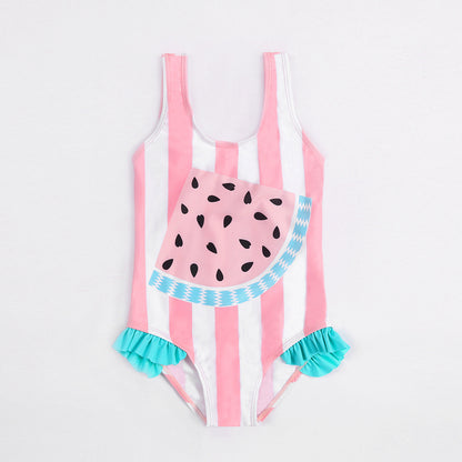 Un nuevo traje de baño de una pieza de gran venta transfronterizo europeo y americano, estampado de sandía, niña de dibujos animados dulce y linda, traje de baño para niños de 0,2 kg 