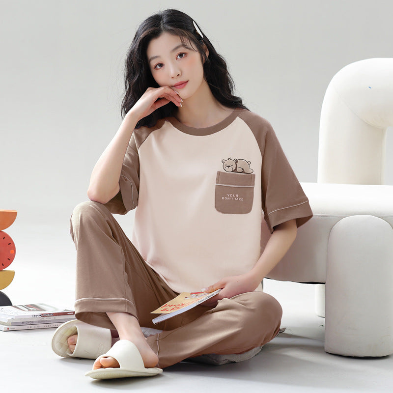 A pajamas women's summer women's pure cotton thin cool short-sleeved trousers round neck summer large-size women's loungewear suit