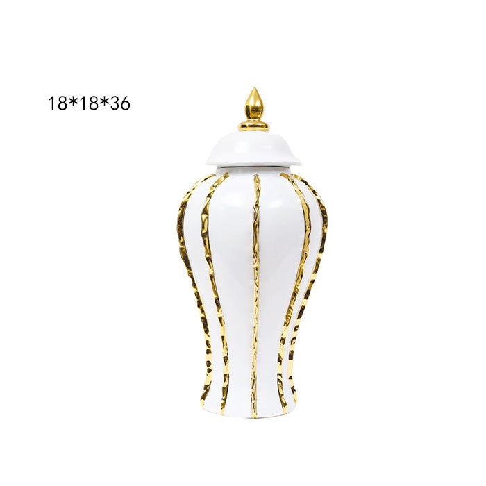 European style light luxury electroplated ceramic striped general jar open large vase model room living room hotel foyer decoration 1kg