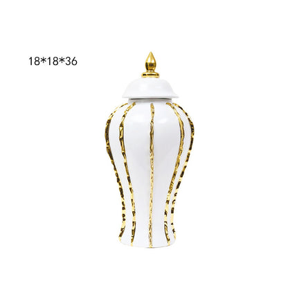 European style light luxury electroplated ceramic striped general jar open large vase model room living room hotel foyer decoration 1kg