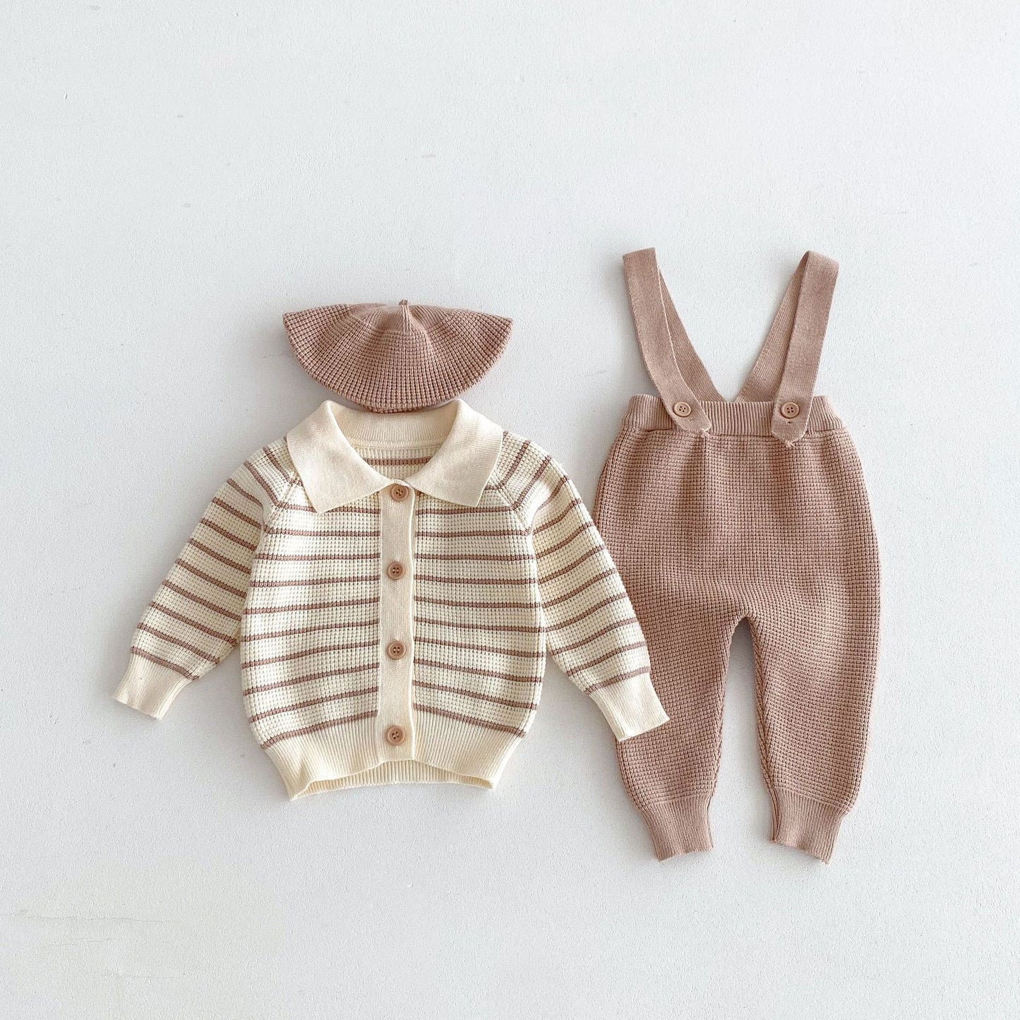 A Autumn and winter new children's clothing infant lapel striped long-sleeved cardigan waffle overalls trousers British two-piece set