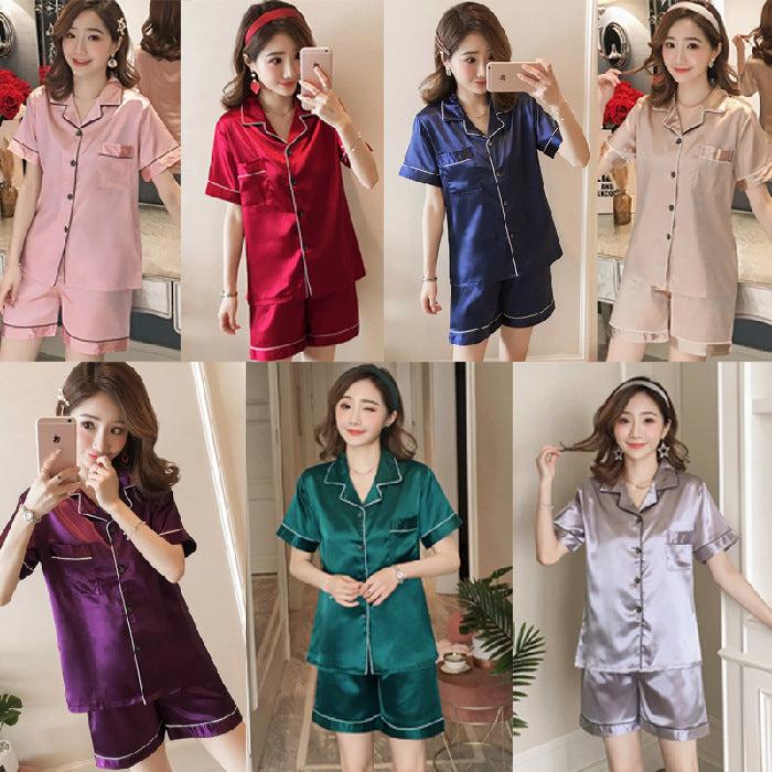 A Trade hot pajamas2024 pajamas women's summer double short imitation silk chest opening 2-piece silk solid color set