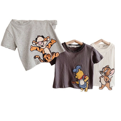 Una nueva camiseta de manga corta con bordado de dibujos animados para niños y niñas de algodón suave de verano de 2024, camiseta para niños pequeños, camiseta base 