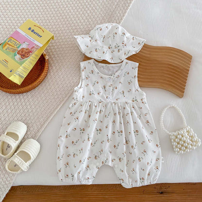 A girl baby summer thin floral bag fart clothes crawling baby western style plaid sleeveless vest jumpsuit to send a hat.