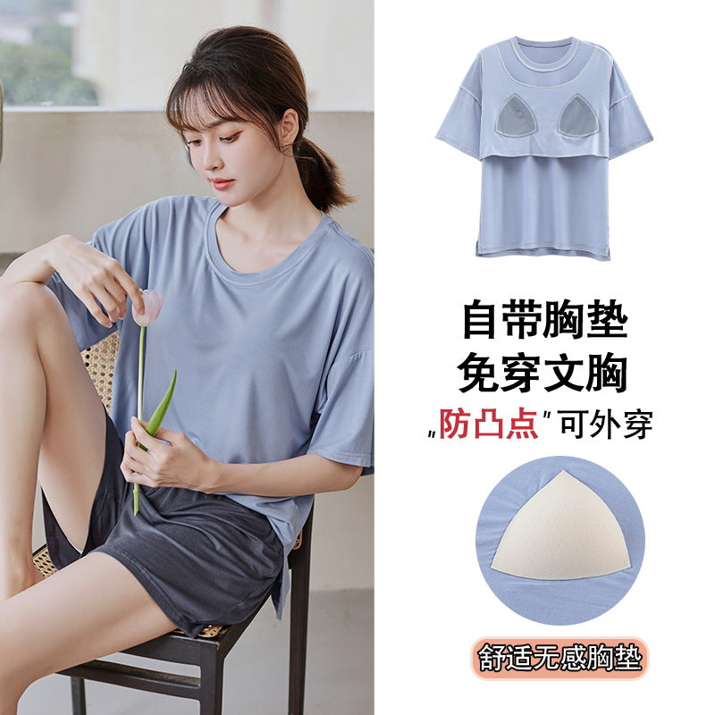 A 2024 Modal pajamas women's summer thin short-sleeved shorts anti-bumps with chest pads loungewear suit can be worn outside