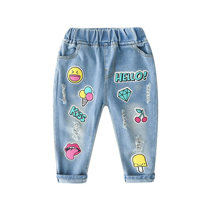 Autumn New Children's Clothing Fashion Pants for Boys and Girls Baby Light Color Perforated Denim Pants for Small and Medium Children 0.19kg