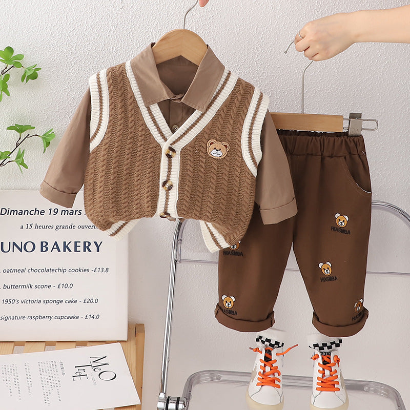 A boys autumn suit new children's spring and autumn foreign style boys baby sweater vest cardigan three-piece trendy set